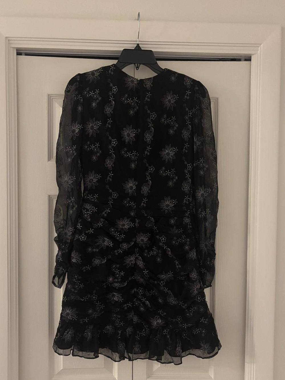 STEVIE MAY Black Long Sleeve Silver Floral Ruffle Ruched Mini Dress - Picture 12 of 15